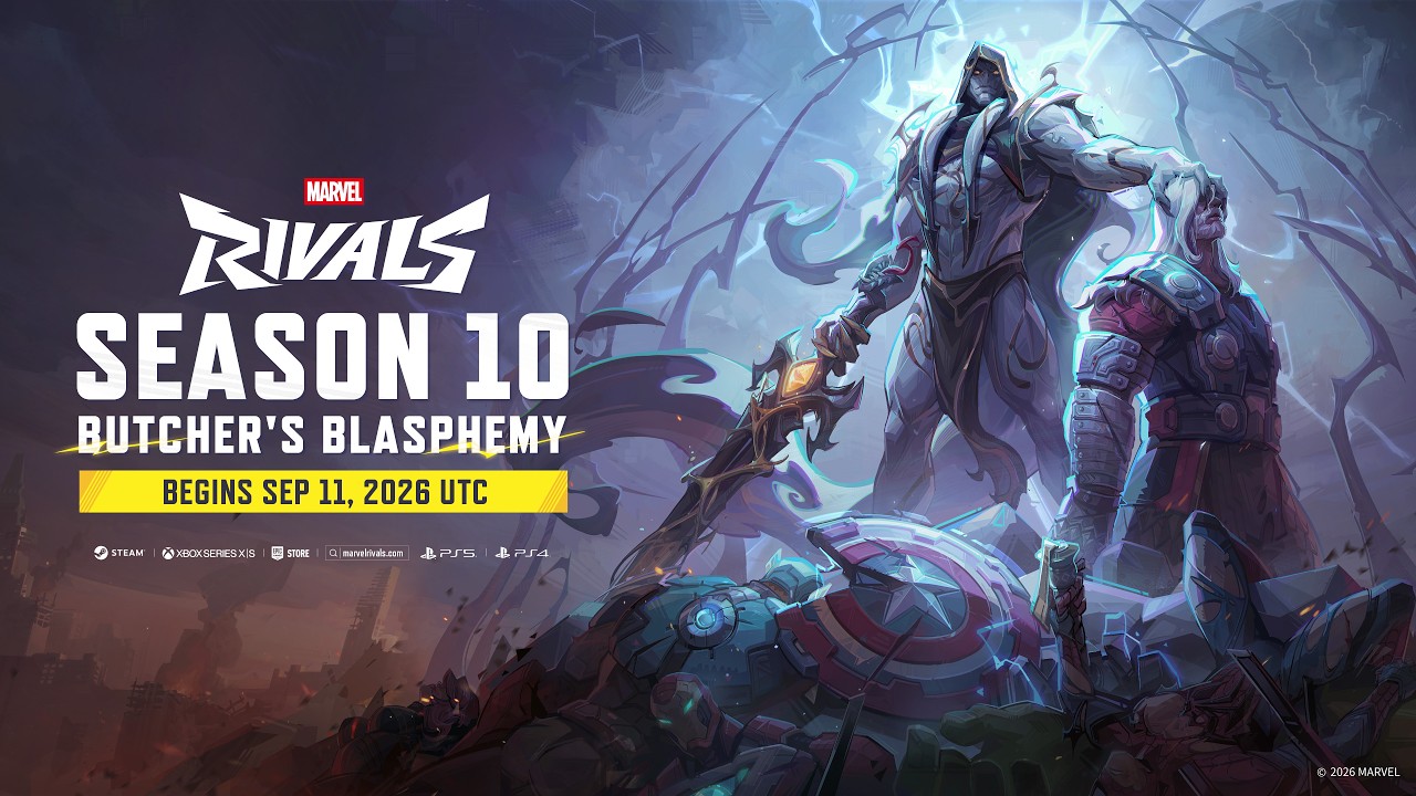 Affiche officielle de Marvel Rivals saison 10 : Gorr tient Thor par la tête, avec le titre Butcher’s Blasphemy et la date du 11 septembre 2026 UTC.