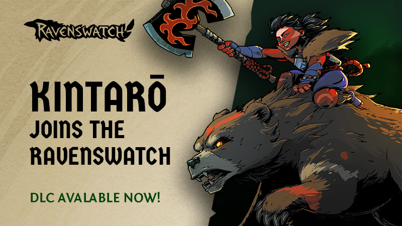 Kintarō monté sur son ours Kuma, sur le visuel officiel du nouveau DLC Ravenswatch.