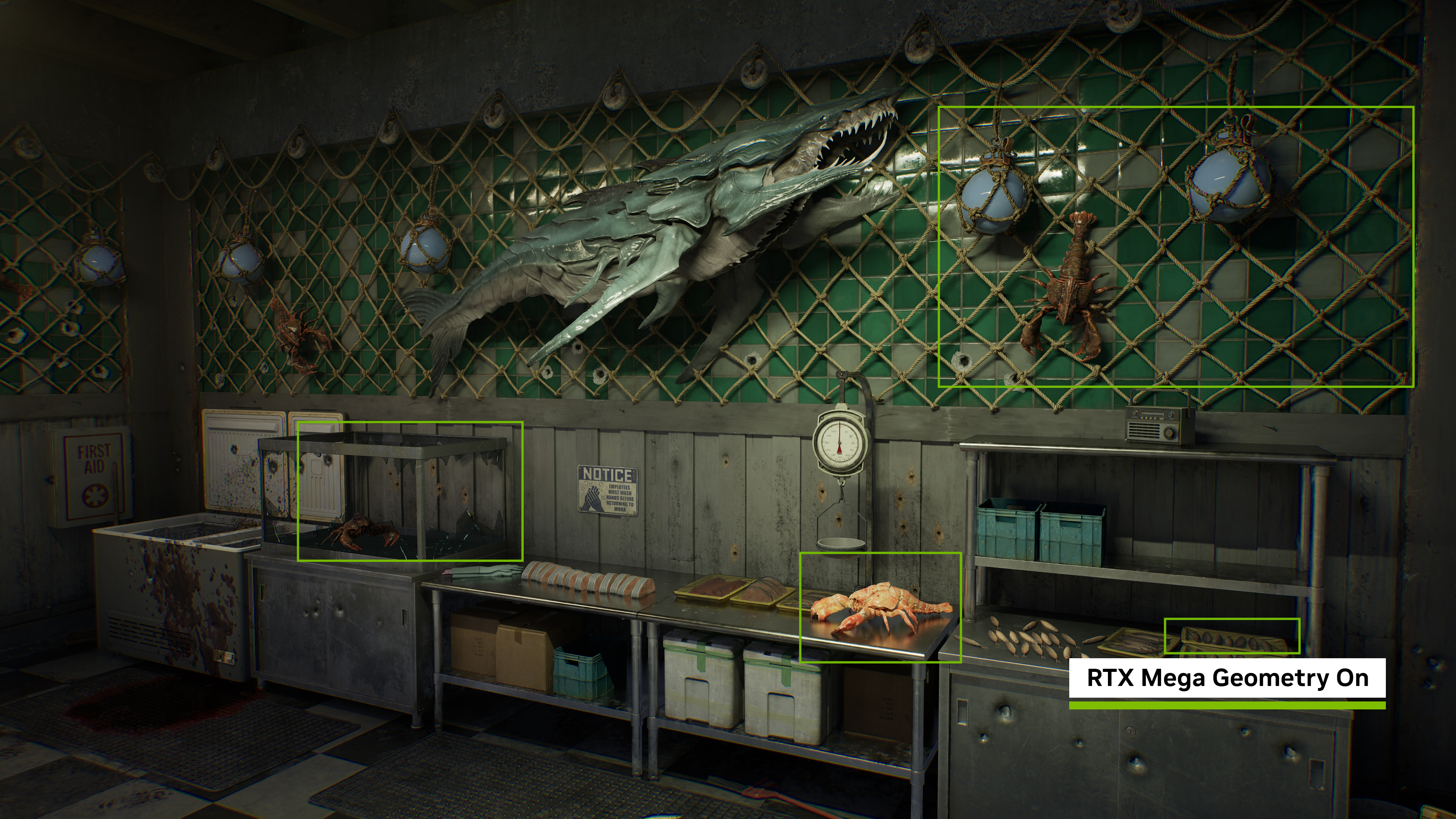 Marché de Gears E-Day avec cordages, poisson suspendu et crustacés ; RTX Mega Geometry activé.