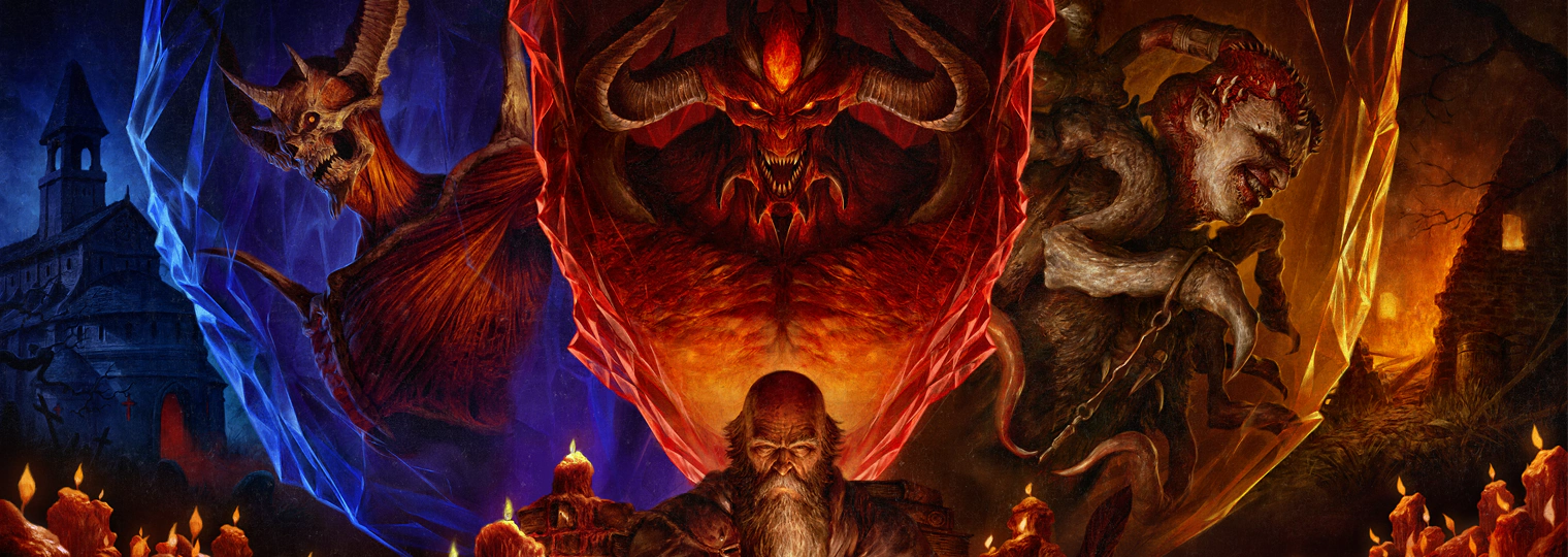 Illustration de Diablo IV avec Deckard Cain, Diablo, Baal et Méphisto autour de fragments colorés.