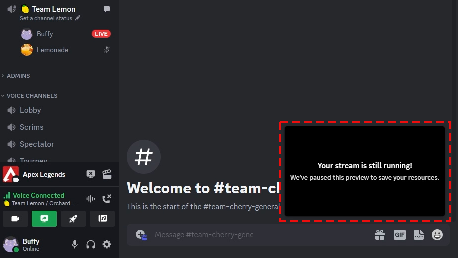 Interface Discord avec un appel vocal et une fenêtre d’aperçu Go Live en pause, encadrée en rouge par le guide officiel.