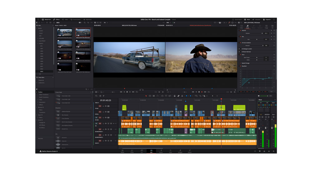 Page Edit de DaVinci Resolve avec un chutier, deux fenêtres de prévisualisation et une timeline comportant plusieurs pistes vidéo et audio.
