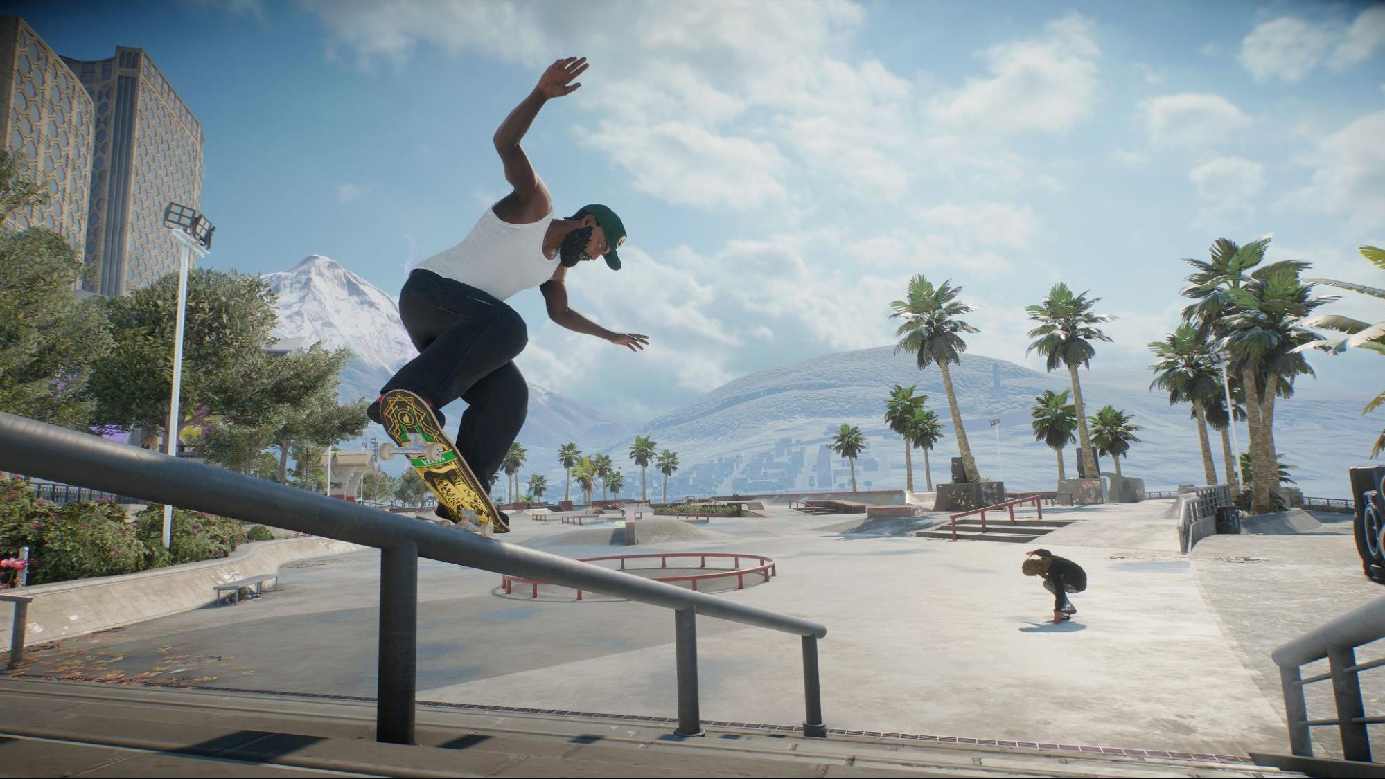 Skateur en grind sur un rail de Parry Point Park dans skate. Visuel officiel Electronic Arts / Full Circle.