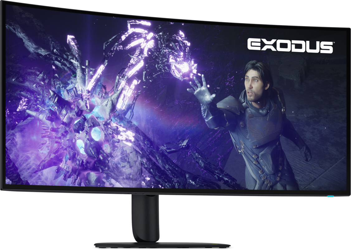 Écran incurvé Alienware AW3926QW sur son pied, vu de trois quarts, avec une illustration EXODUS affichée.