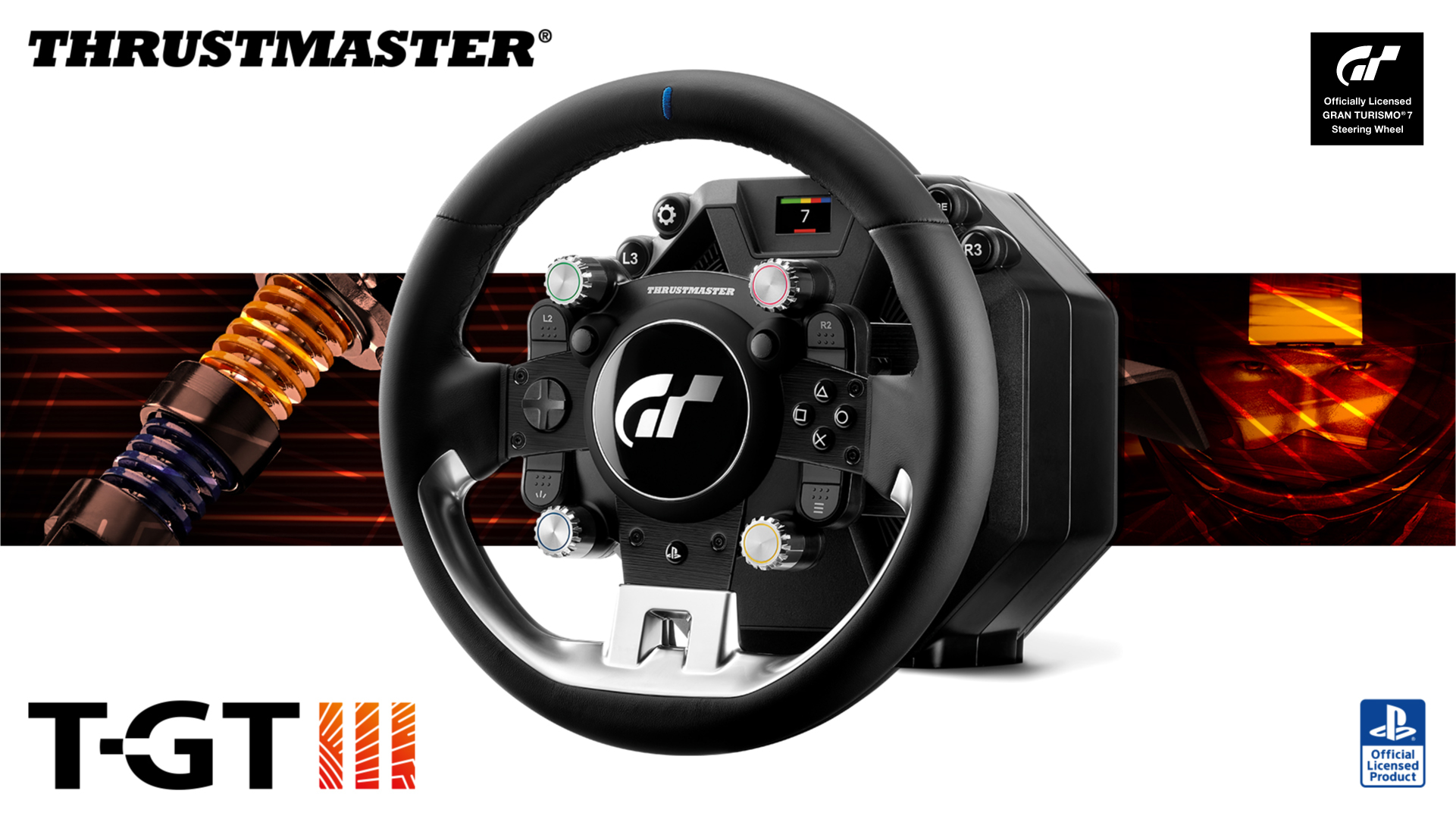 Volant Thrustmaster T-GT III et sa base, avec quatre encodeurs colorés et les logos Gran Turismo 7 et PlayStation.