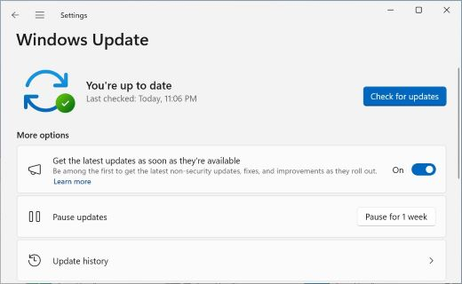 Fenêtre Windows Update montrant le bouton de recherche et le lien vers l’historique des mises à jour.