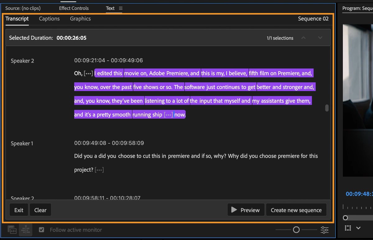 Panneau Text de Premiere en mode Paper Edit, avec une transcription sélectionnée en violet et les commandes Preview et Create new sequence.