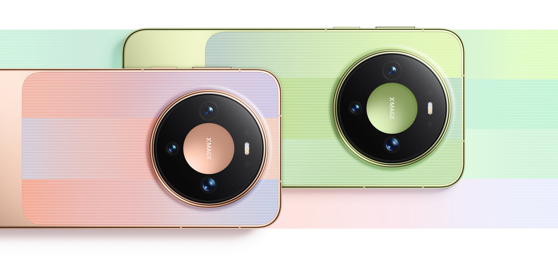 Visuel produit officiel montrant le dos de deux Huawei Mate 90 standard, rose et vert, avec leur bloc photo circulaire XMAGE.