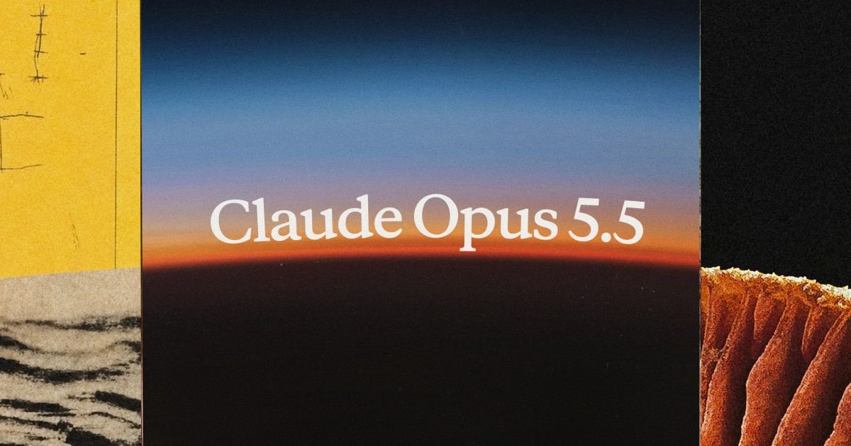 Visuel officiel de lancement portant le nom Claude Opus 5.5 sur un paysage au crépuscule.
