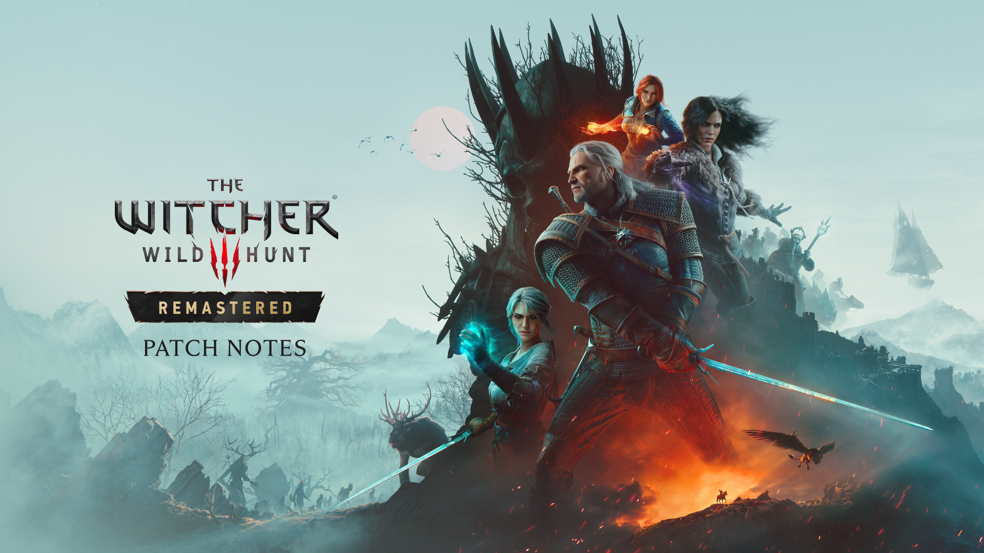 Illustration officielle des notes de The Witcher 3 Remastered avec Geralt, Ciri, Yennefer et Triss.