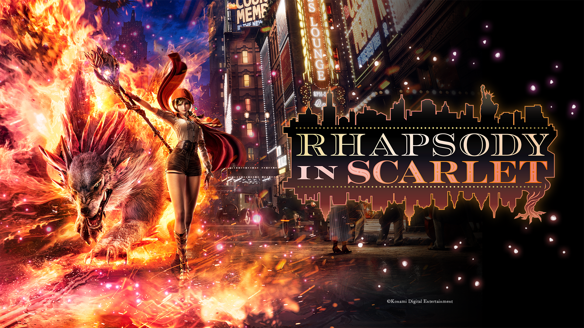 Illustration officielle de Rhapsody in Scarlet : Ellie et une créature enflammée devant les rues de New York.