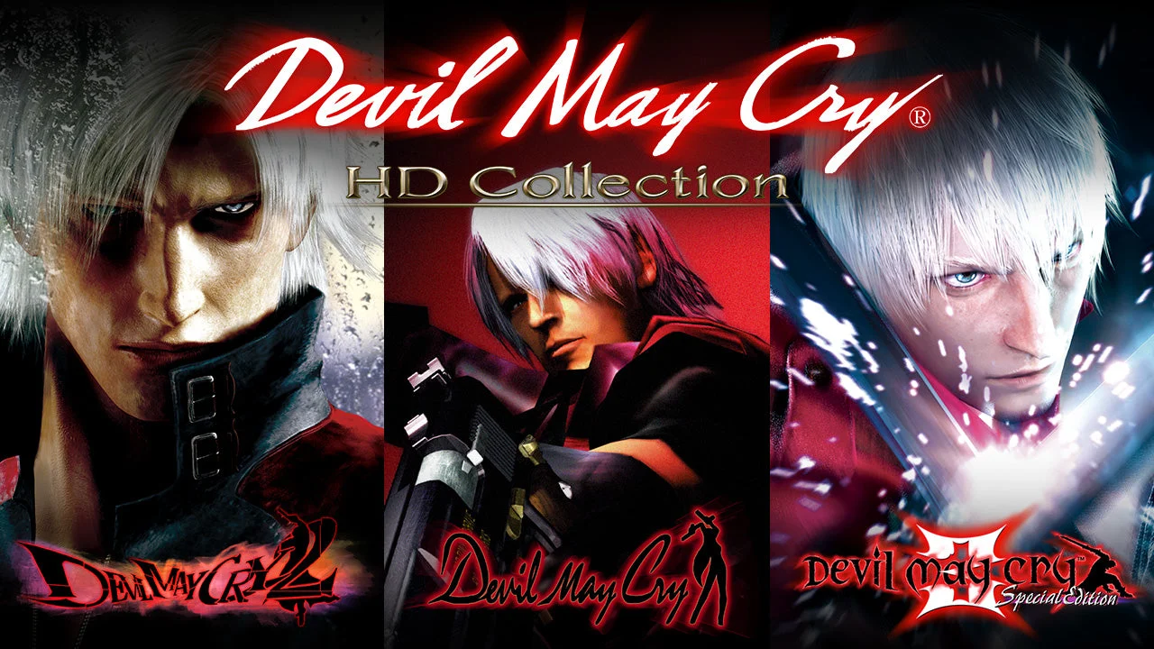 Visuel officiel de Devil May Cry HD Collection présentant Dante dans les trois jeux réunis.
