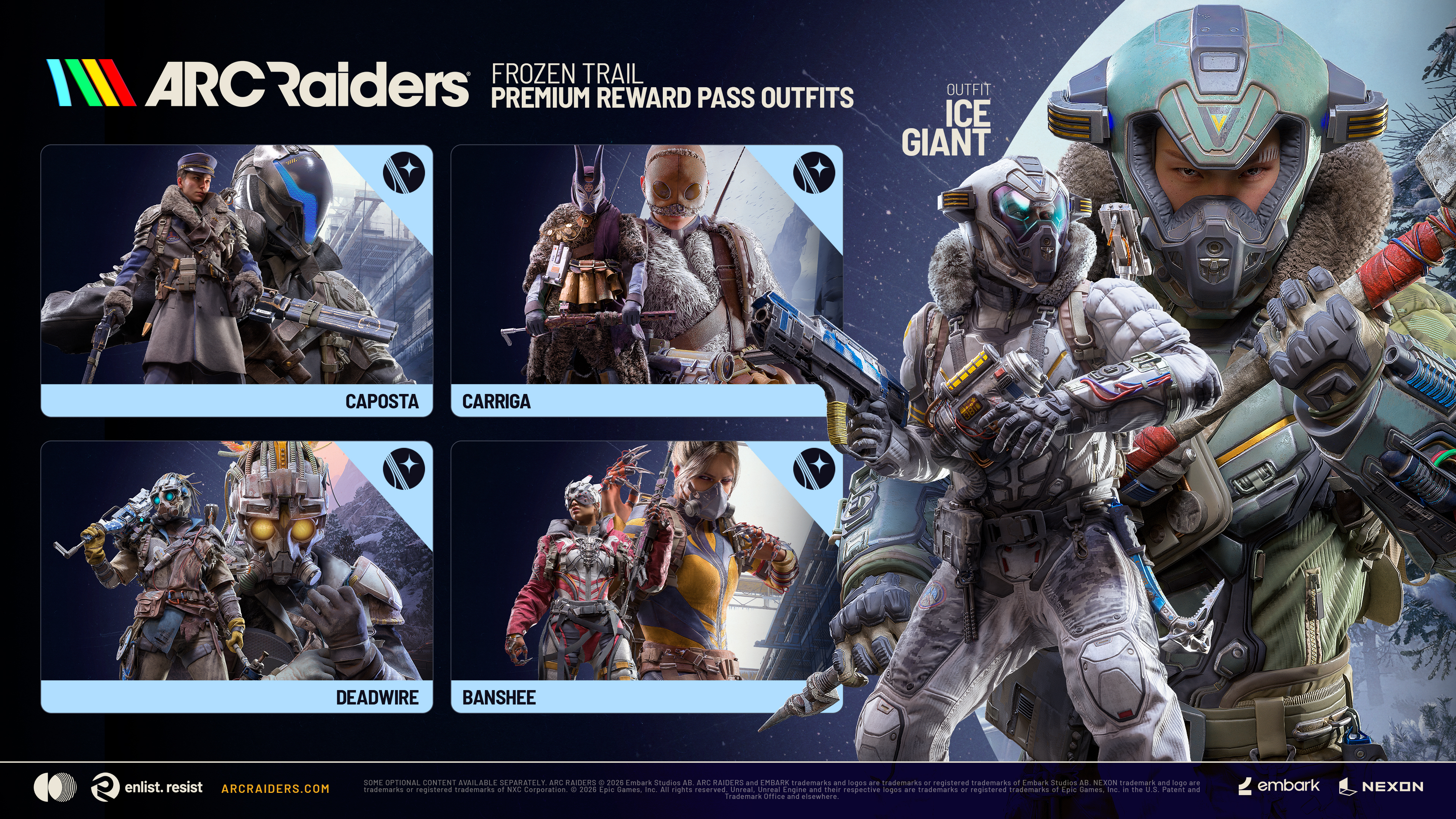 Planche officielle des tenues Premium de Frozen Trail : Caposta, Carriga, Deadwire, Banshee et Ice Giant.