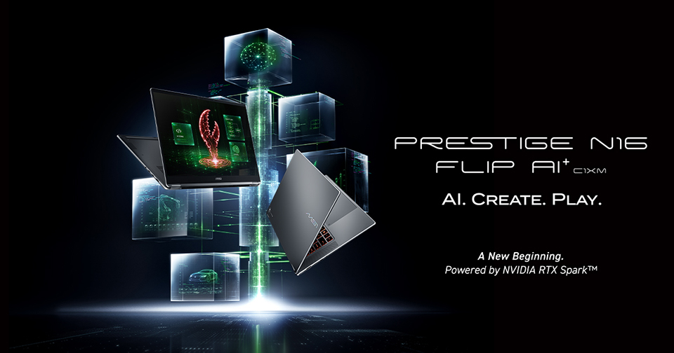 MSI Prestige N16 Flip AI+ montré ouvert et en position convertible sur le visuel officiel.