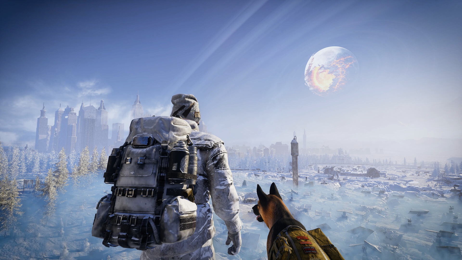 Un survivant et son chien contemplent une ville gelée sous la lune brisée dans Permafrost.