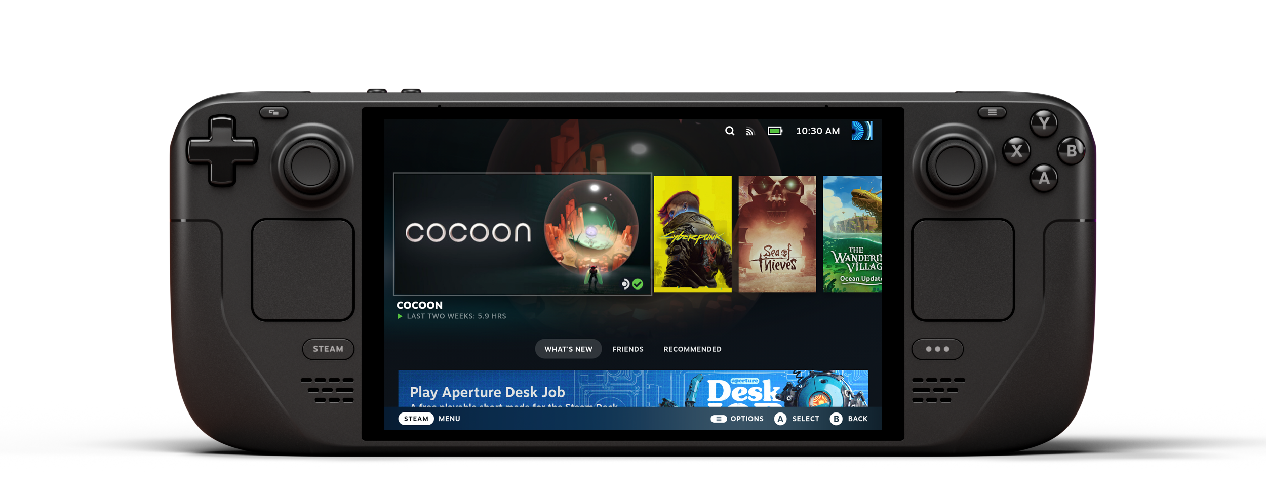 Vue de face du Steam Deck OLED avec sa bibliothèque de jeux à l’écran.