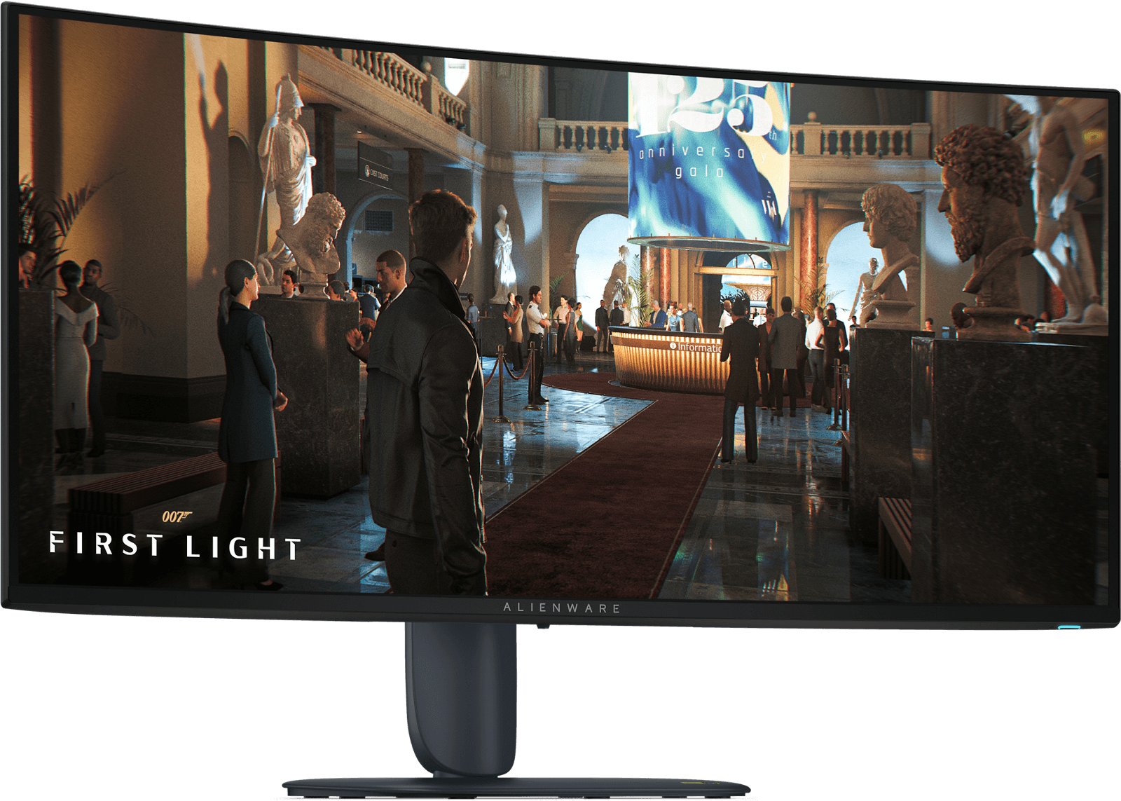 Vue officielle de trois quarts de l’écran gaming Alienware AW3426DW et de son pied.