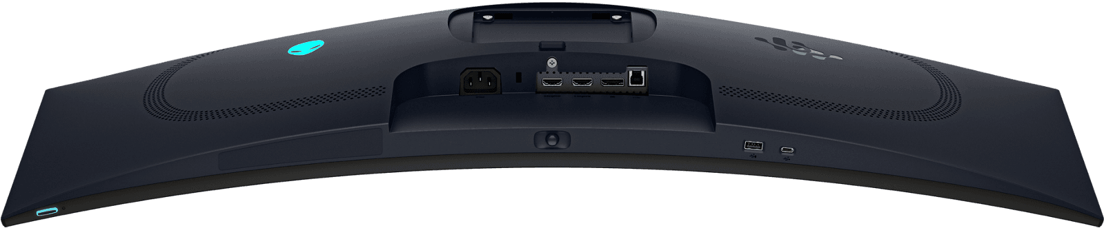 Vue officielle sous l’Alienware AW3426DW montrant ses entrées vidéo et ses ports USB.