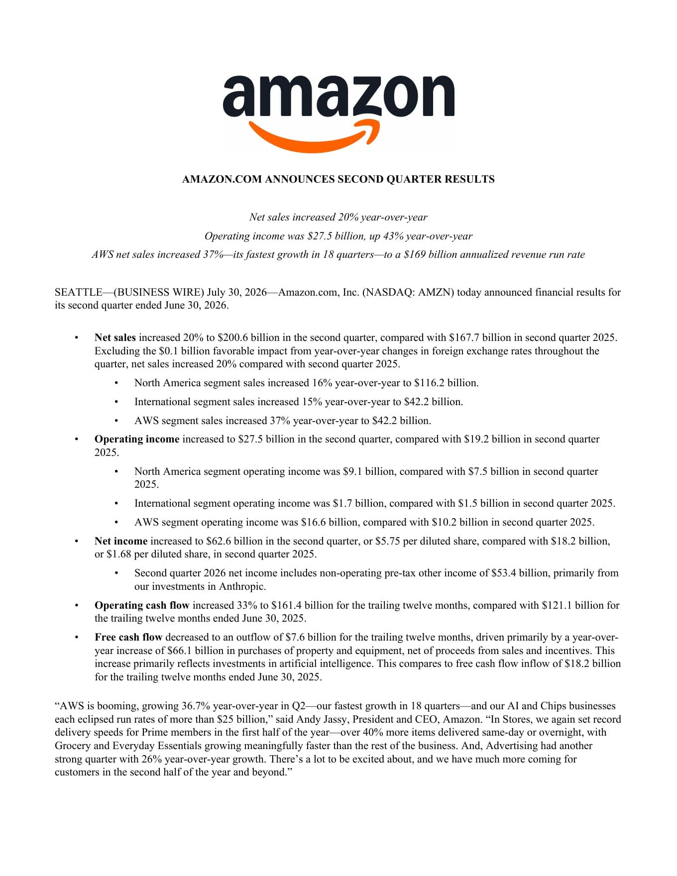 Première page du rapport financier officiel d’Amazon pour le deuxième trimestre 2026.
