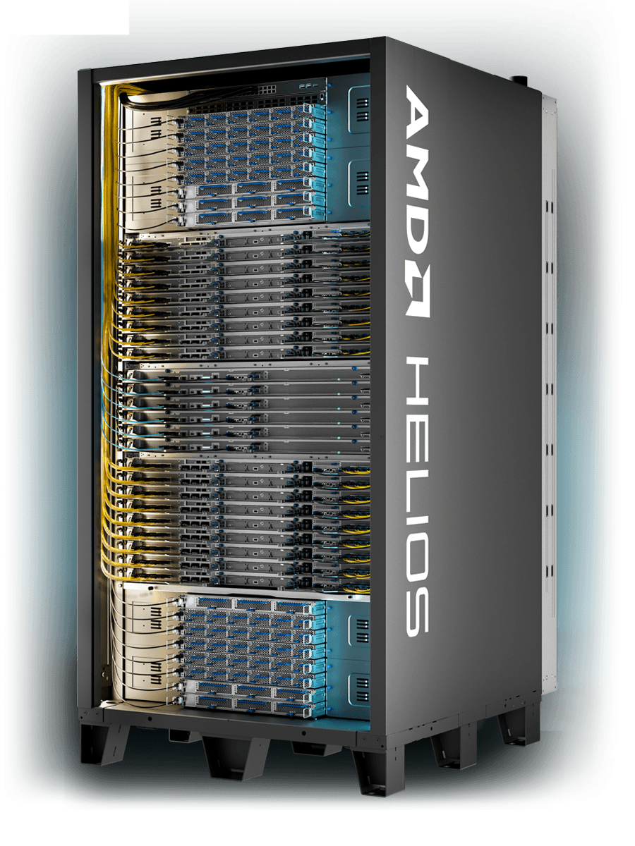 Rendu officiel du rack AMD Helios vu de face avec ses plateaux de calcul et de réseau.