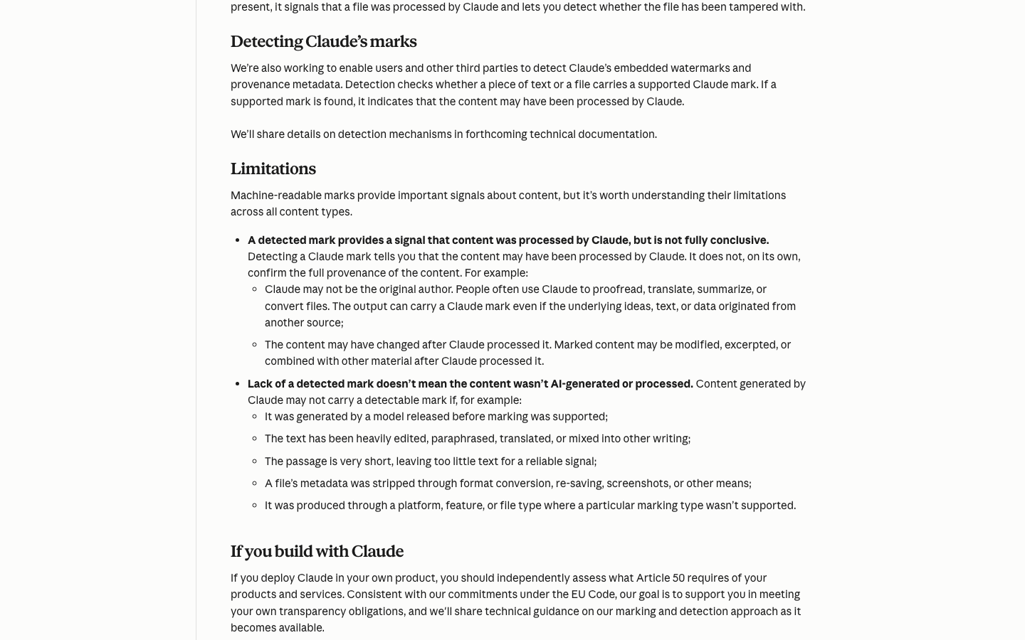 Documentation officielle Anthropic énumérant les limites de détection des marques Claude.