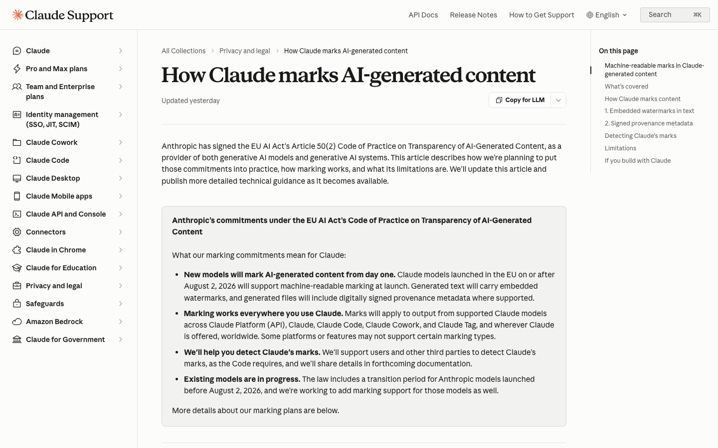 Page d’aide officielle Anthropic présentant le marquage des contenus générés par Claude.