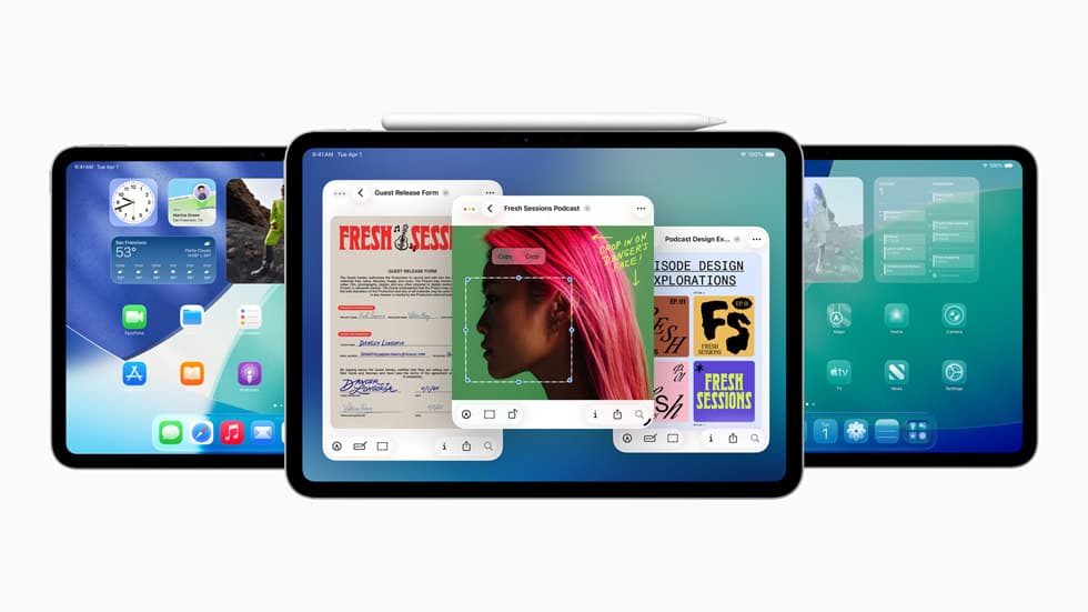 Visuel officiel Apple présentant plusieurs iPad sous iPadOS 26, plateforme corrigée par iPadOS 26.6.