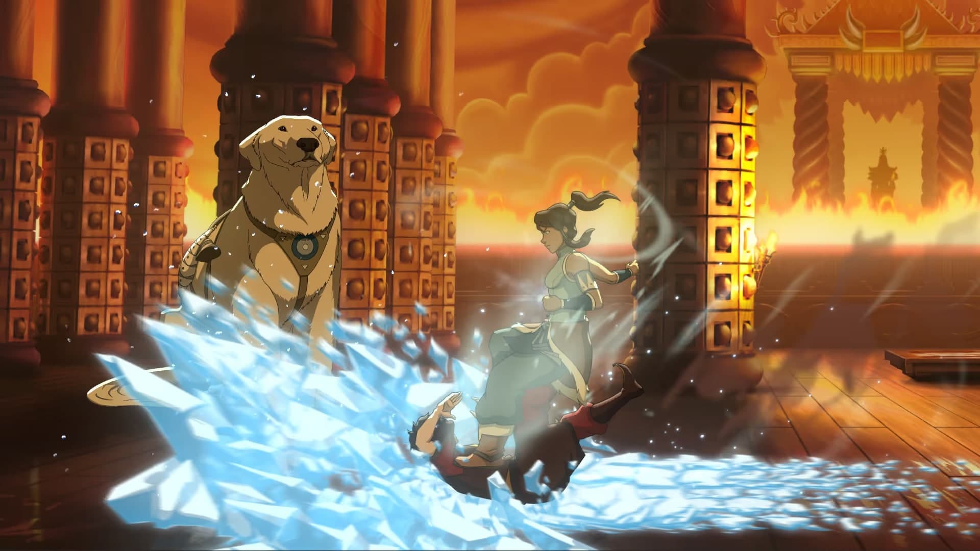 Capture officielle d’Avatar Legends montrant Korra et Naga utiliser la maîtrise de l’eau face à un adversaire.