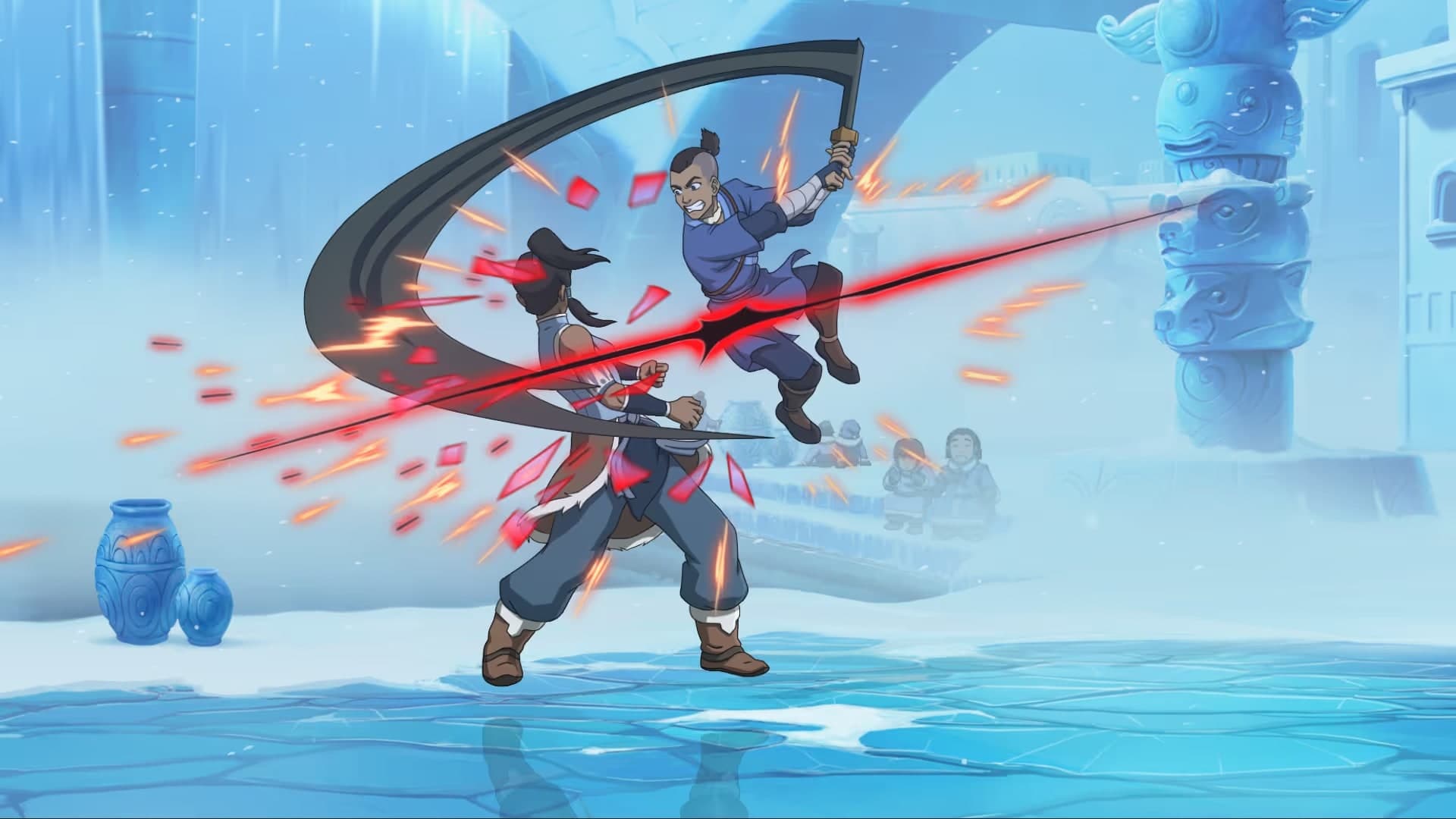 Capture officielle d’Avatar Legends montrant Sokka porter une attaque rapide dans une arène enneigée.