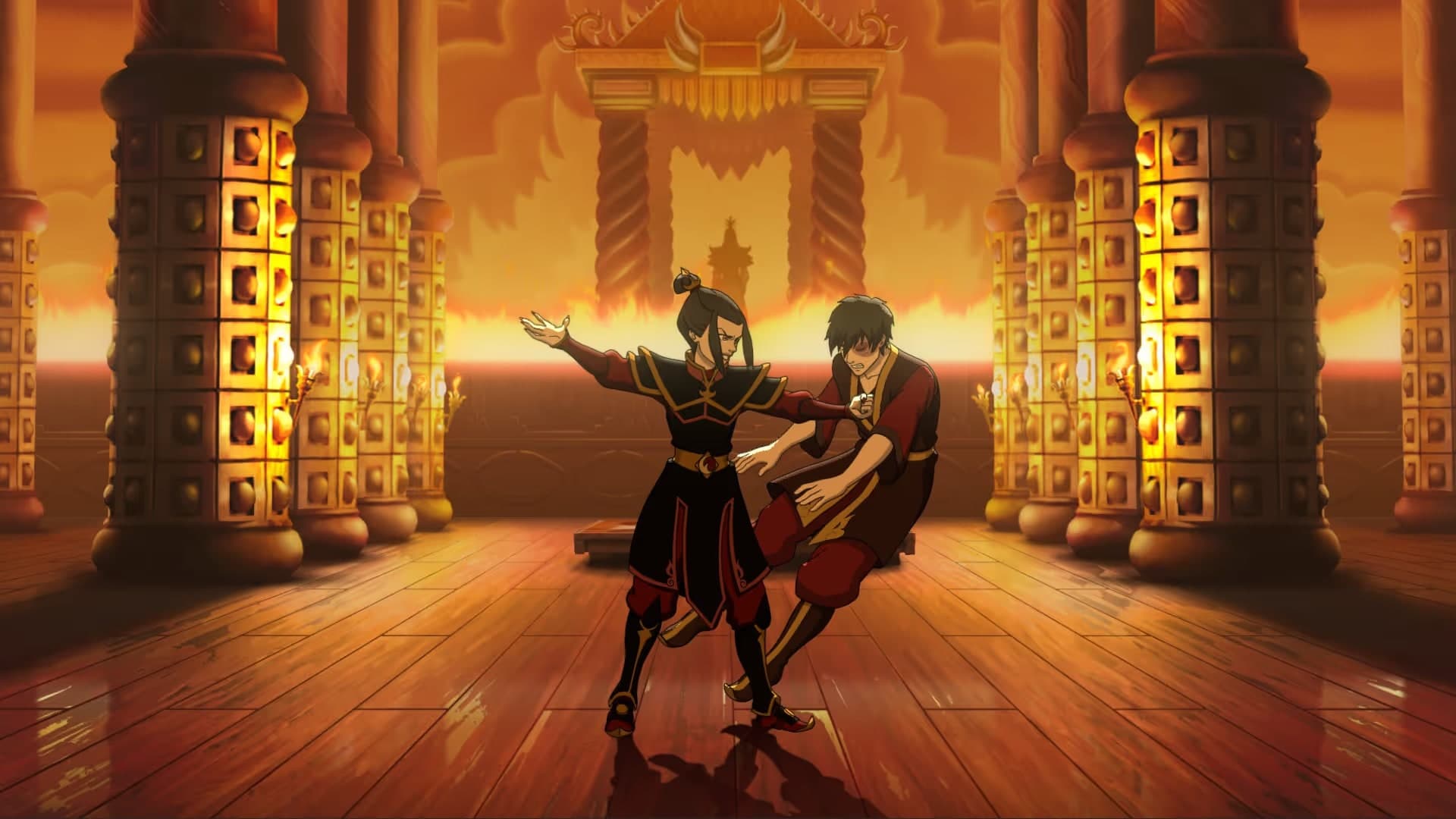 Capture officielle du mode Histoire d’Avatar Legends avec Azula et Zuko dans une salle du Royaume du Feu.