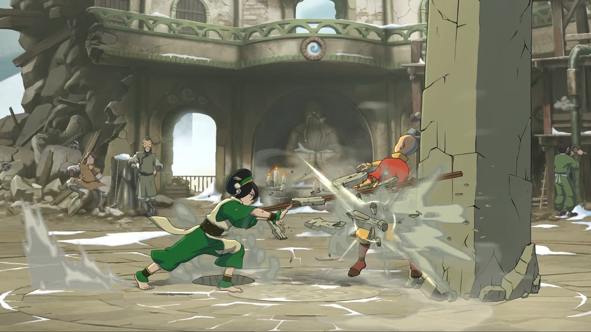 Capture officielle d’Avatar Legends: The Fighting Game montrant Toph projetant Aang contre un pilier de pierre.