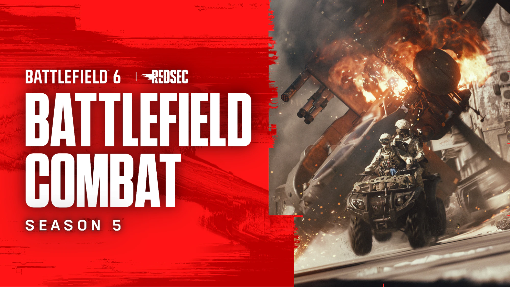 Visuel officiel Battlefield 6 et REDSEC saison 5 : deux soldats sur un quad sous un hélicoptère en feu.