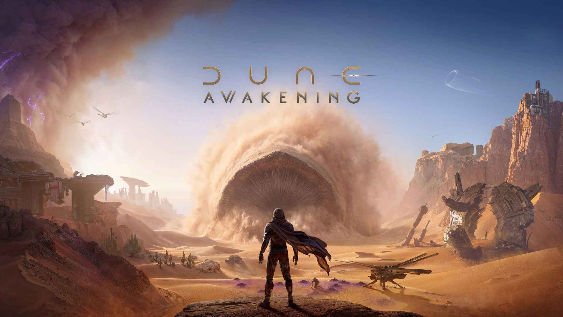 Un personnage fait face à un ver des sables géant sur Arrakis, sous le logo Dune: Awakening.