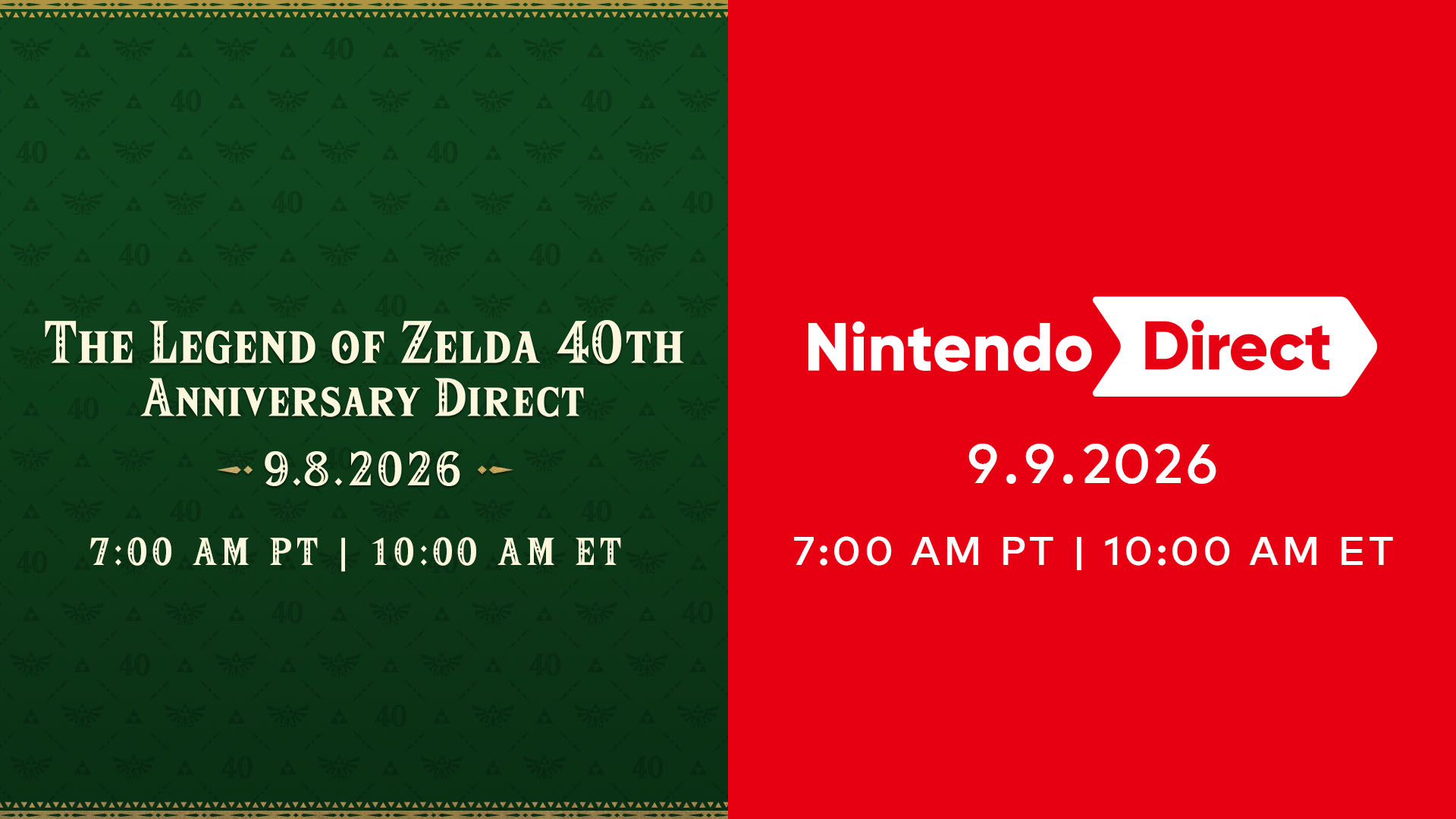 Affiche verte et rouge annonçant le Direct Zelda 40 ans du 8 septembre et le Nintendo Direct du 9 septembre 2026, à 7 h PT et 10 h ET.