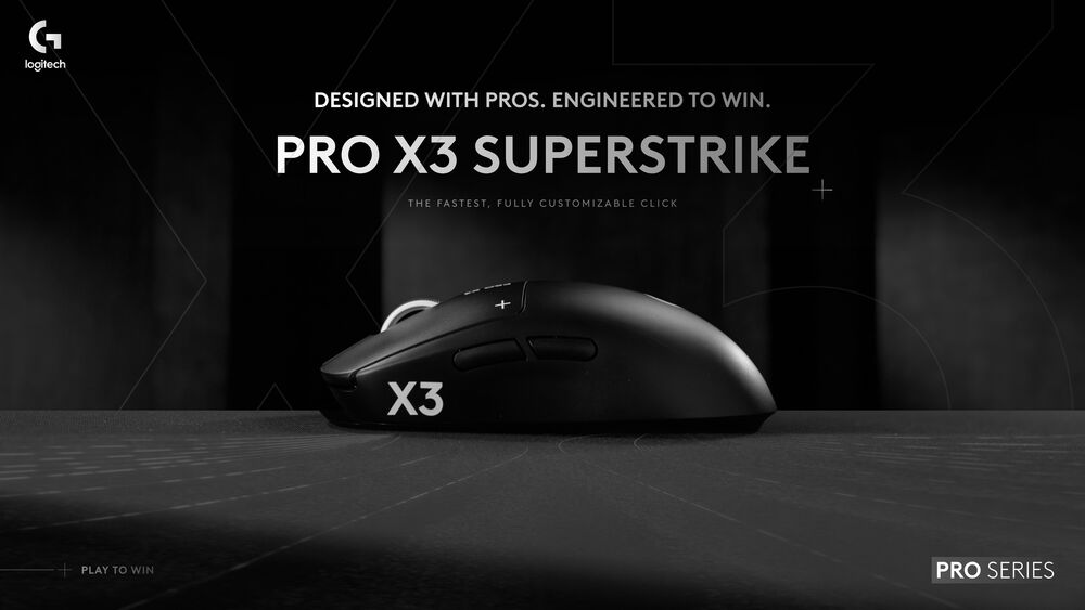 Visuel officiel de la souris Logitech G PRO X3 SUPERSTRIKE noire.