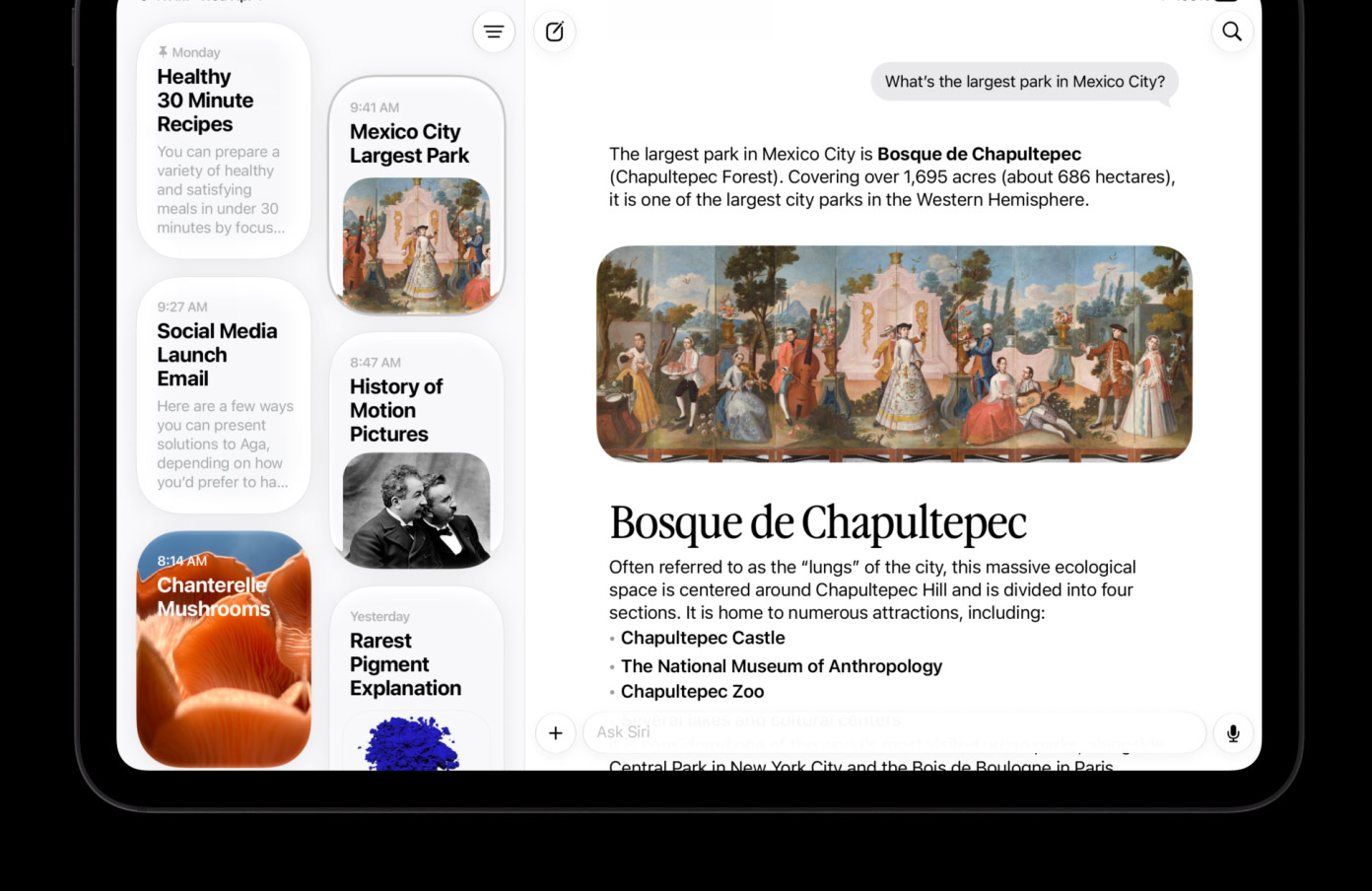 Écran d’iPad avec une conversation Siri à droite et plusieurs échanges précédents dans la barre latérale.