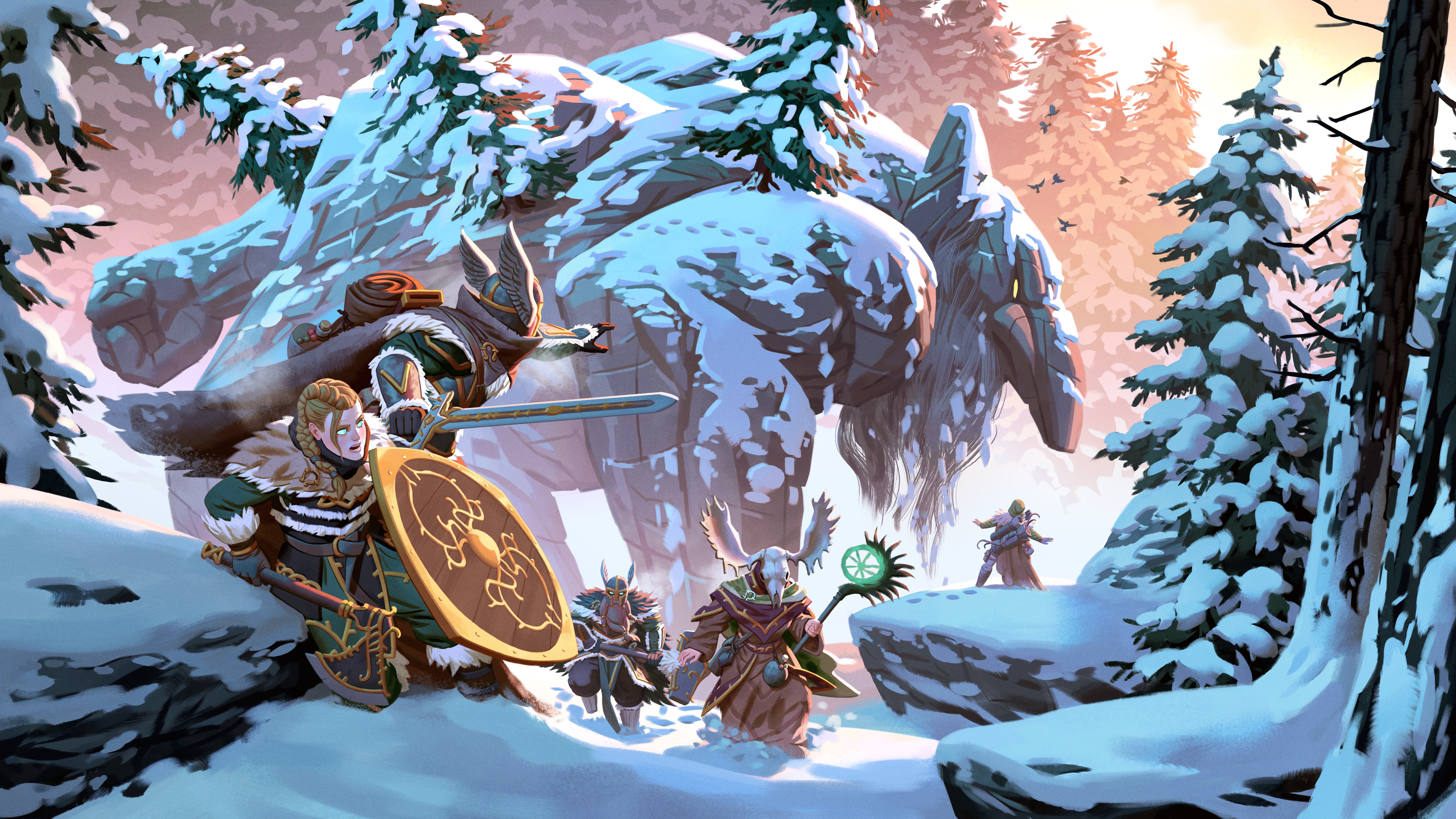 Des guerriers progressent dans une forêt enneigée devant une immense créature de pierre, sur l’illustration officielle Deep North de Valheim.