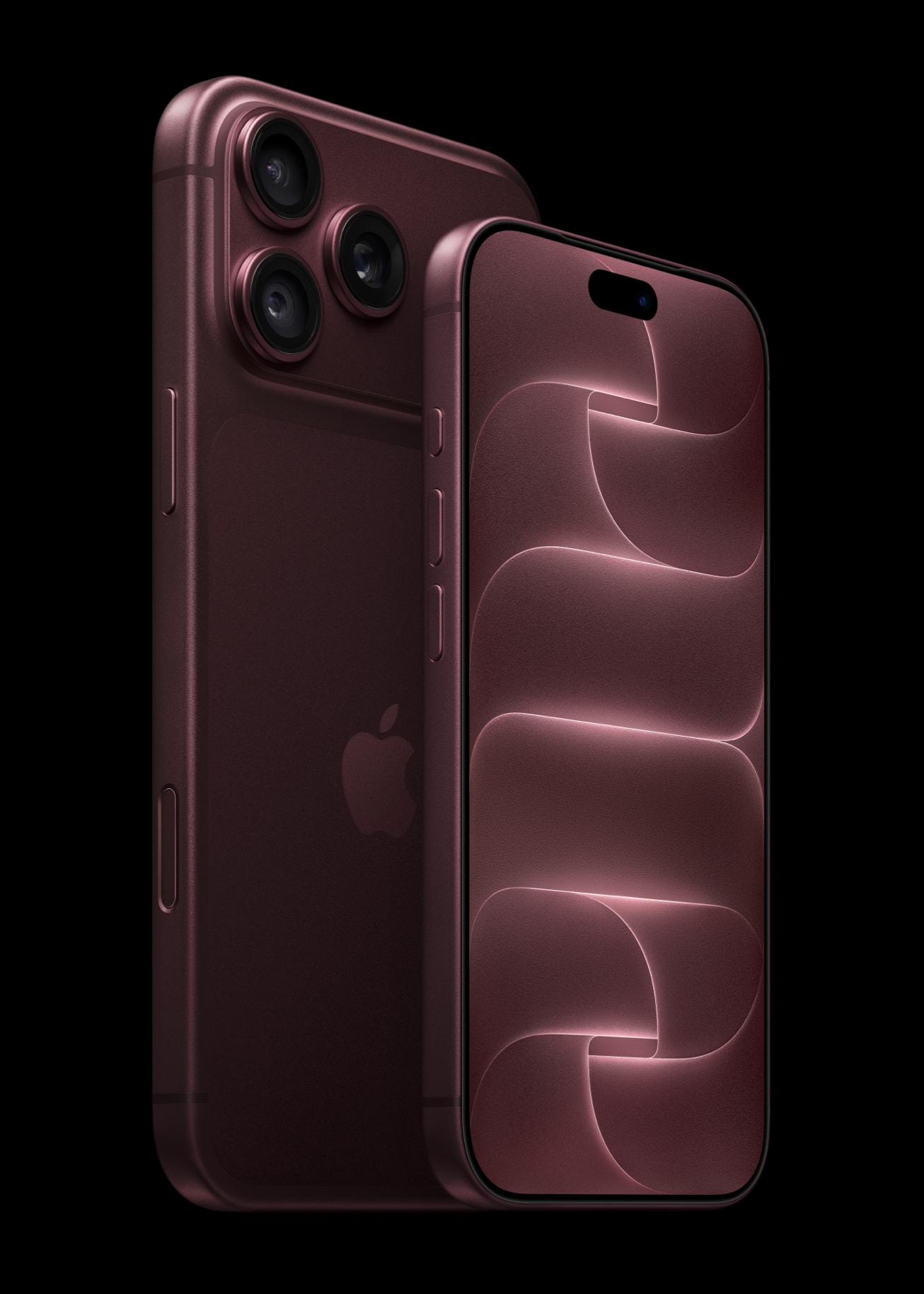 iPhone 18 Pro bordeaux de face, placé devant le dos d’un iPhone 18 Pro Max de même couleur.