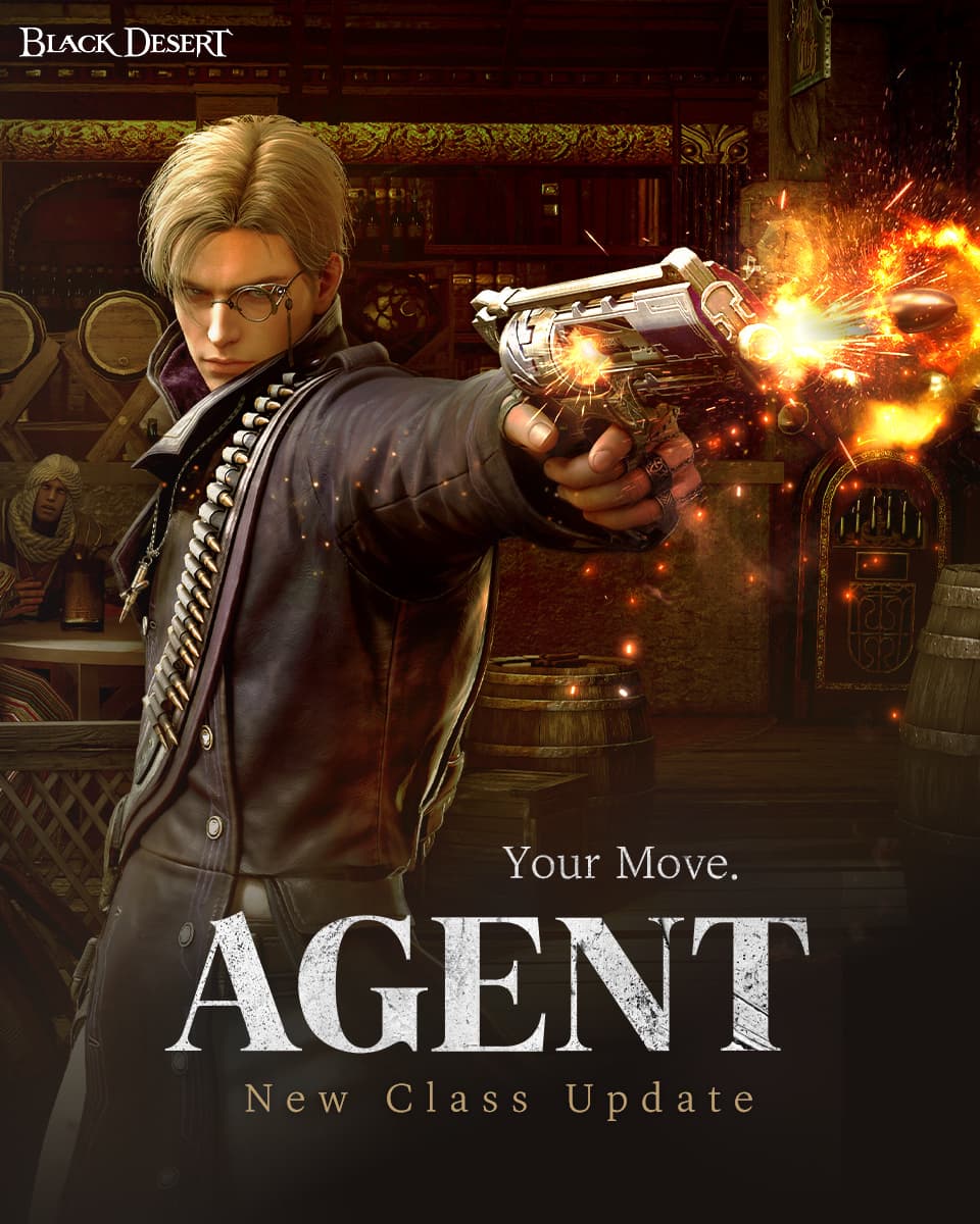 Key art vertical officiel de la nouvelle classe Agent de Black Desert, armée d’un revolver.