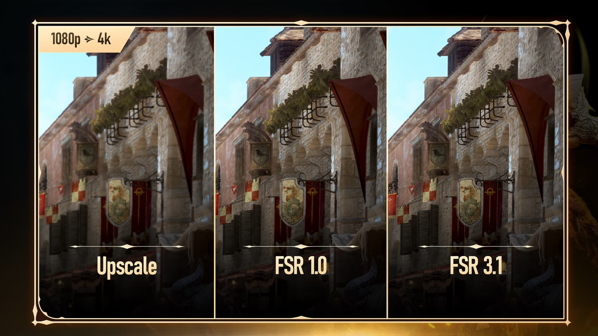 Comparatif officiel Black Desert entre une mise à l’échelle simple, FSR 1.0 et FSR 3.1, présenté au Heidel Ball 2026.