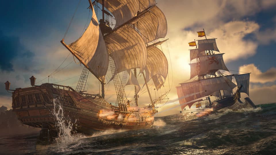Deux navires s’affrontent sur une mer agitée dans Assassin’s Creed Black Flag Resynced.