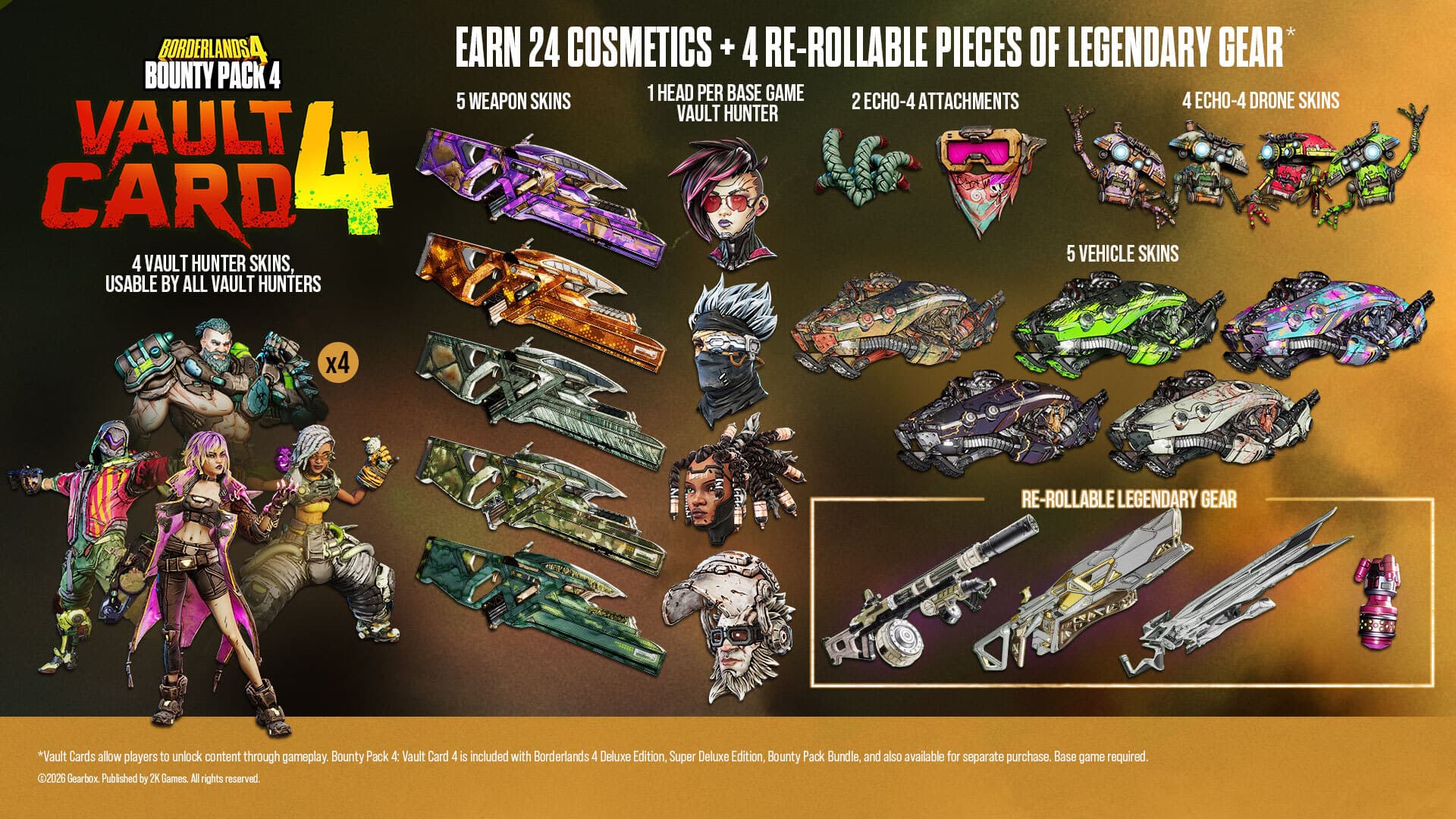 Infographie officielle de Vault Card 4 montrant 24 cosmétiques et quatre équipements légendaires relançables.