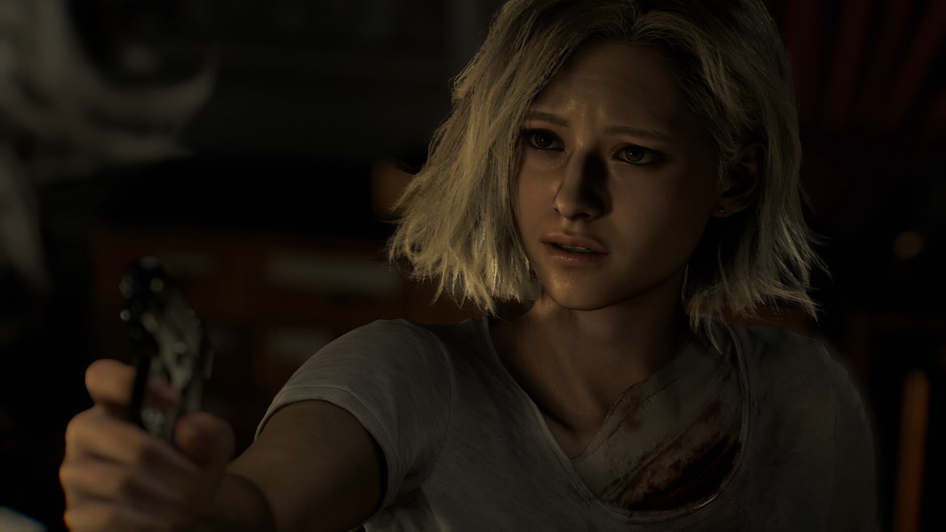 Capture officielle de Resident Evil Requiem montrant Grace Ashcroft dans une scène sombre.