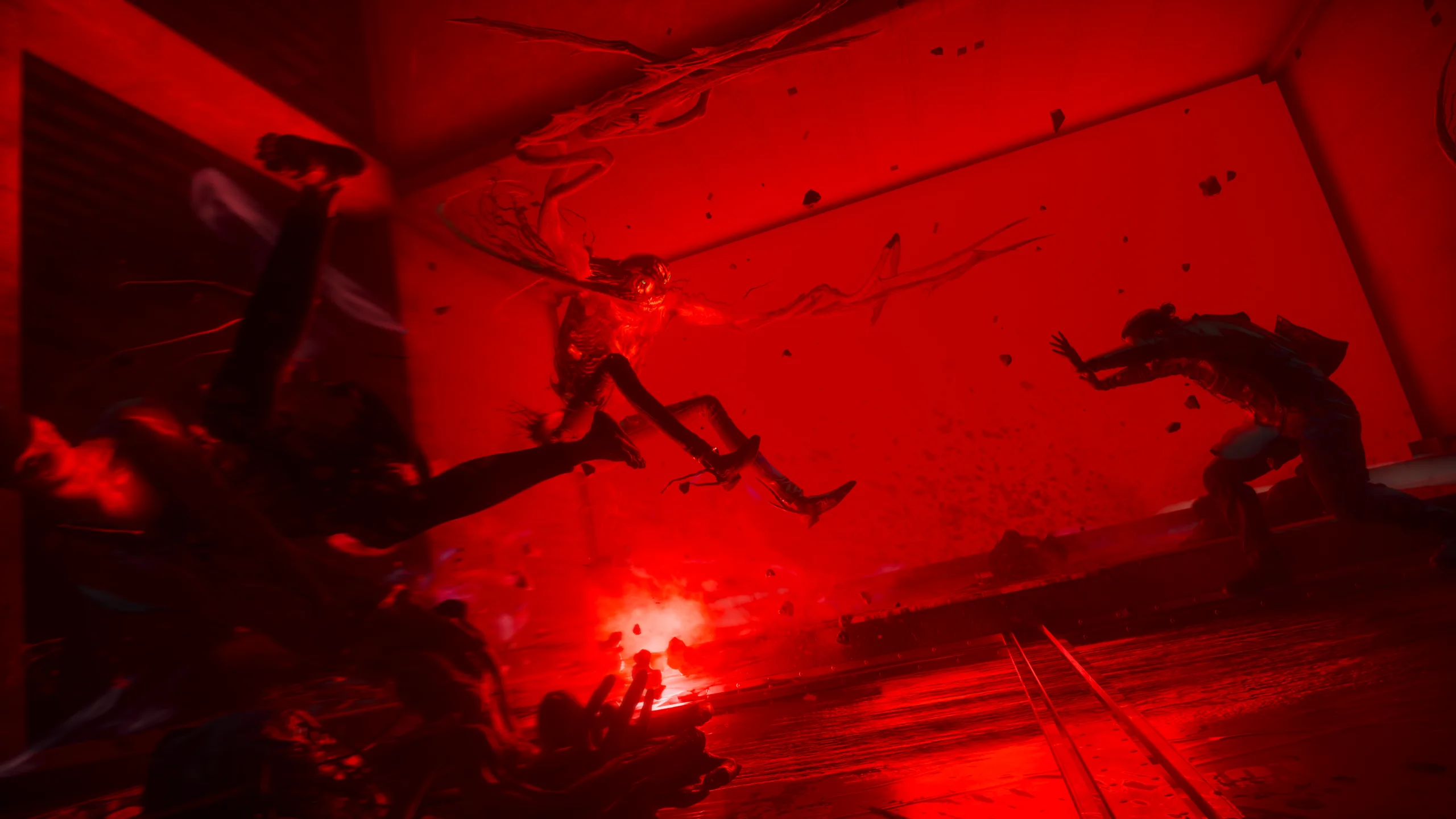 Personnages et créatures de Control Resonant dans une scène de combat baignée de lumière rouge.