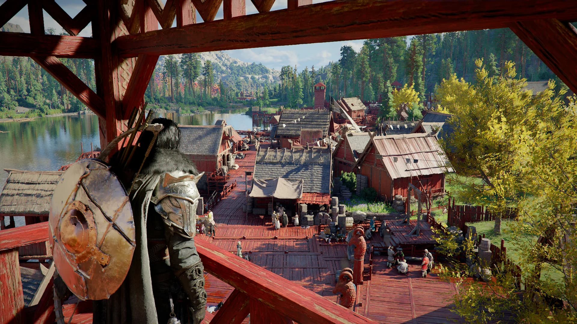 Kliff observe une ville lacustre depuis une structure en bois dans Crimson Desert.