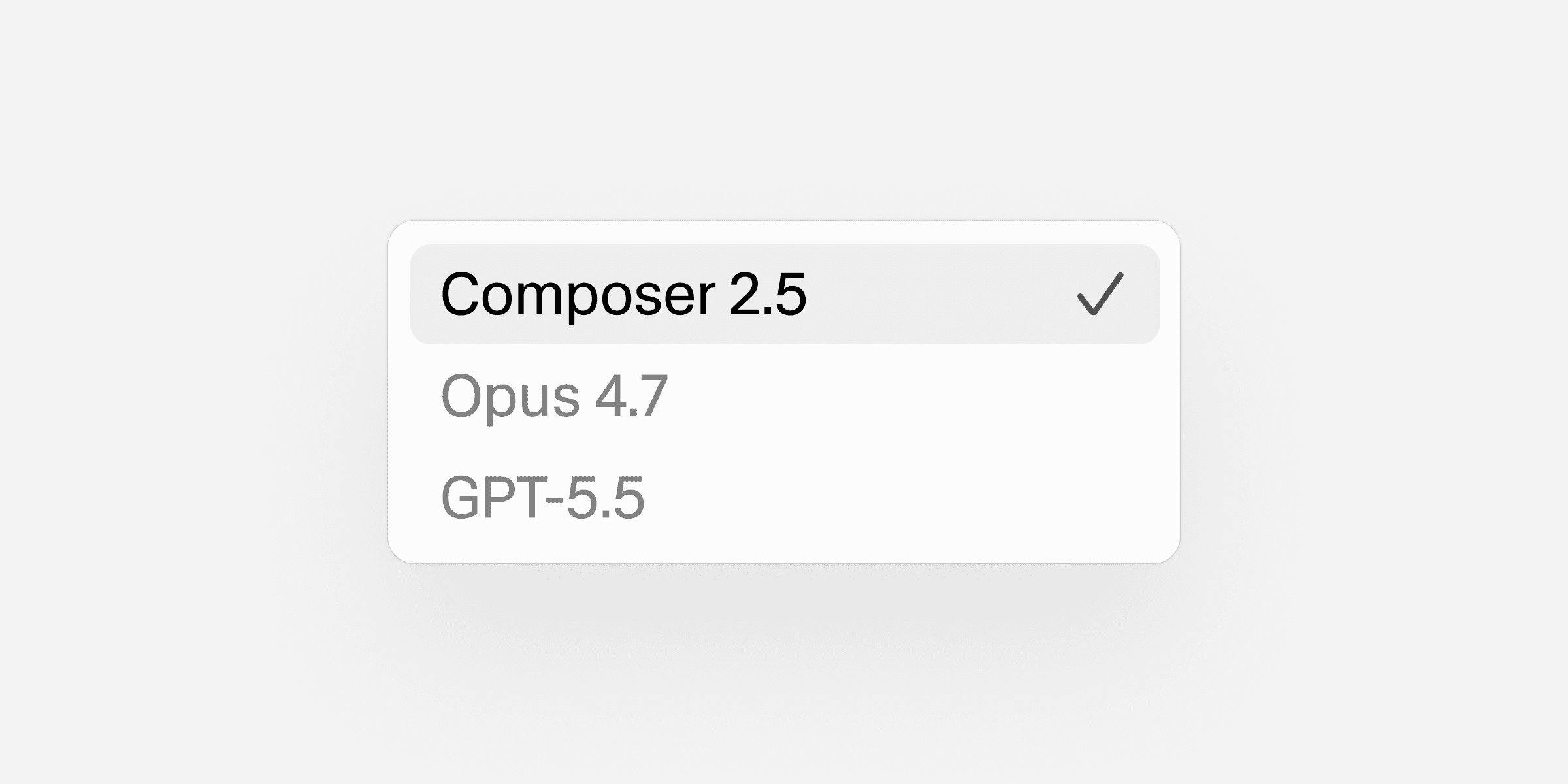 Le sélecteur de modèles de Cursor affiche Composer 2.5 parmi plusieurs choix disponibles.