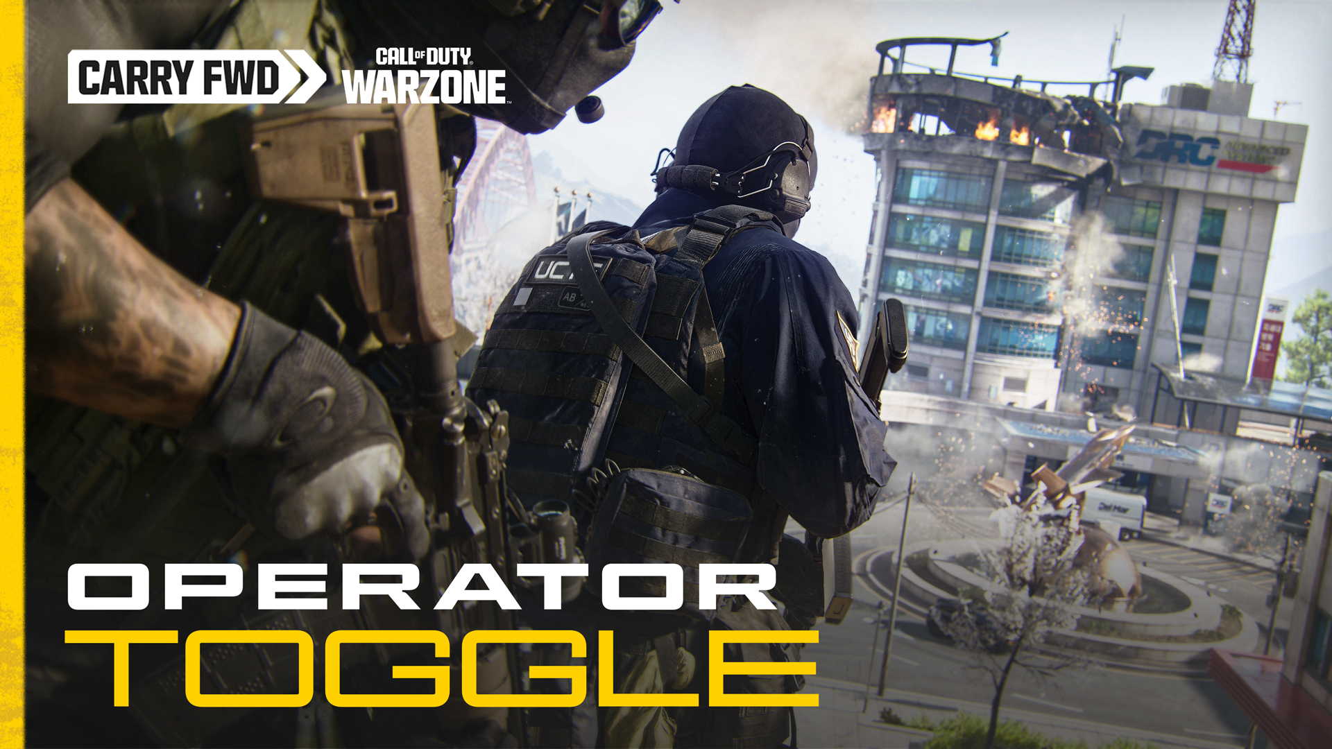 Deux opérateurs de Warzone devant un complexe industriel, avec la mention Operator Toggle.