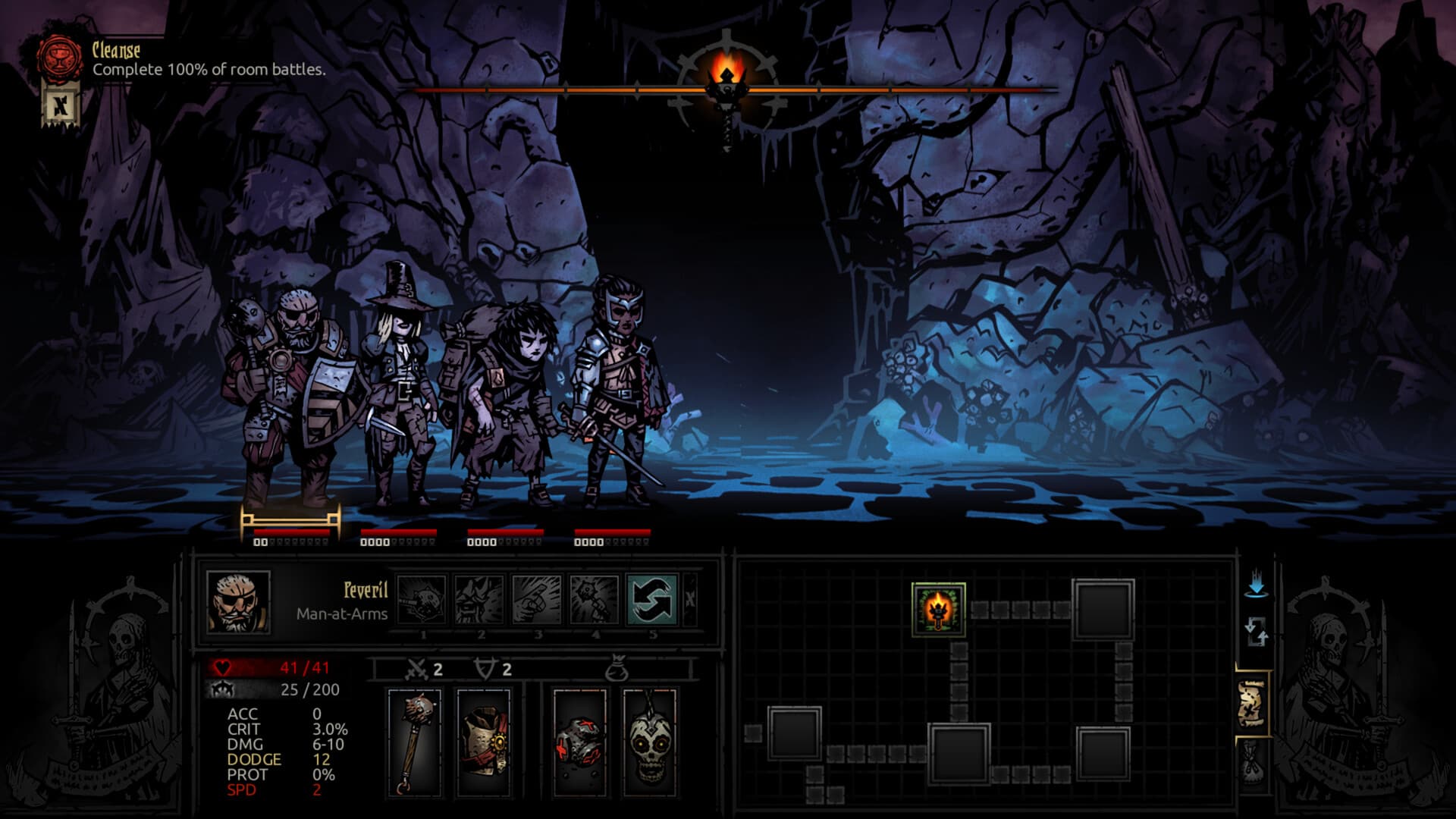Capture officielle de The Fire’s Edge avec la carte d’un donjon, l’inventaire et les emplacements de Trinkets.