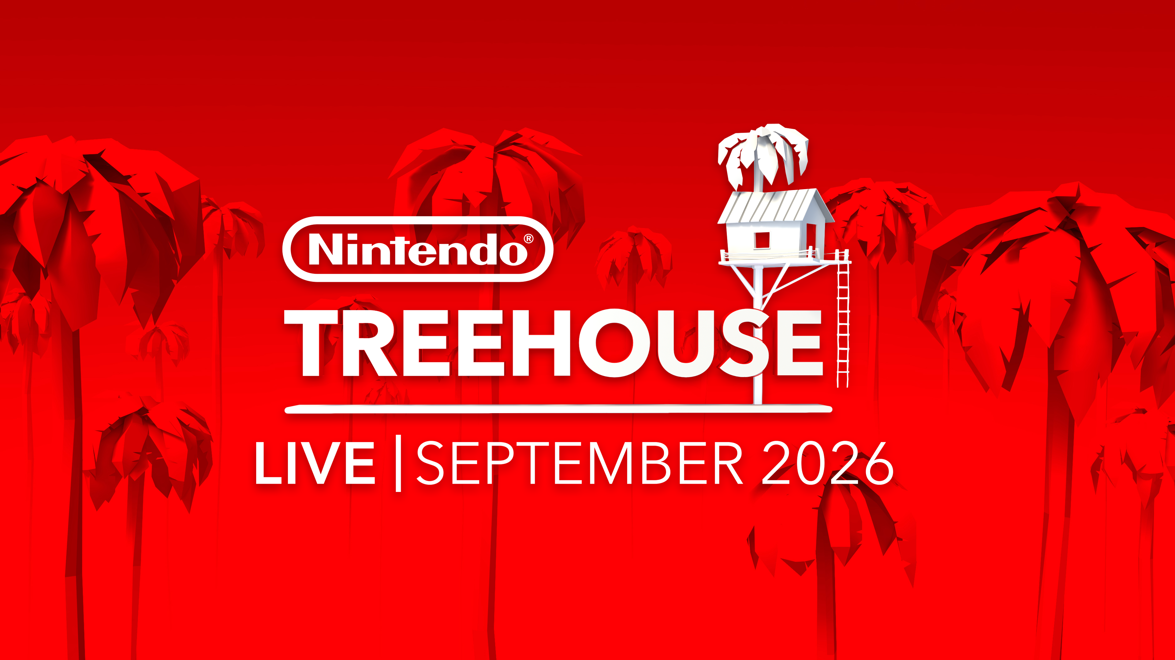 Carte rouge Nintendo Treehouse Live September 2026, avec une cabane blanche dans un arbre.