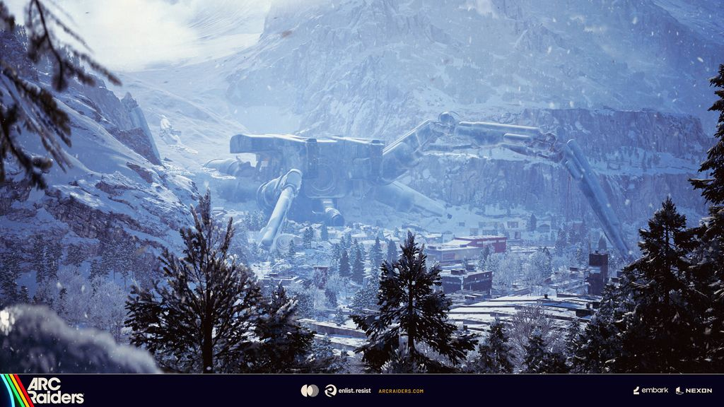 Vue officielle de Pendola Pass, vallée enneigée dominée par une immense machine ARC échouée.